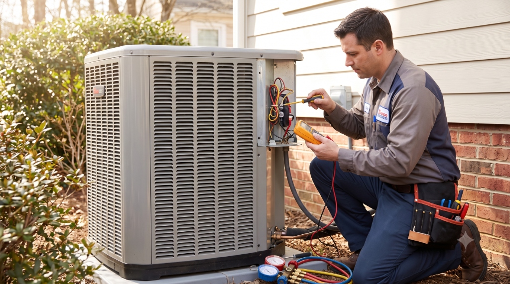 HVAC technician repairing AC unit